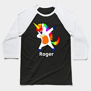 Roger First Name Personalized Dabbing Unicorn Baseball T-Shirt